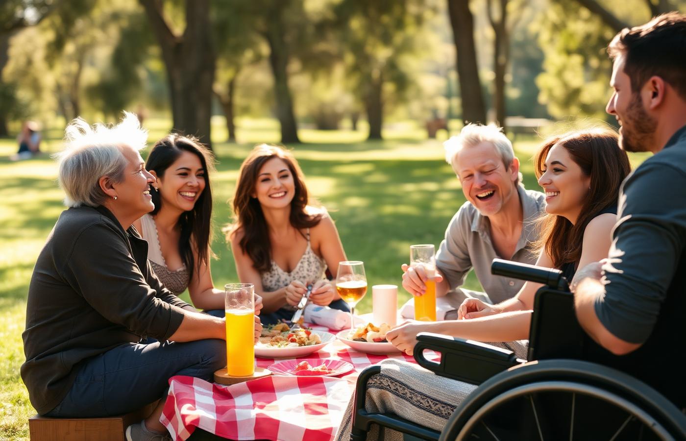 A group of friends, including a man using a wheelchair, laughing together at a sunny park picnic