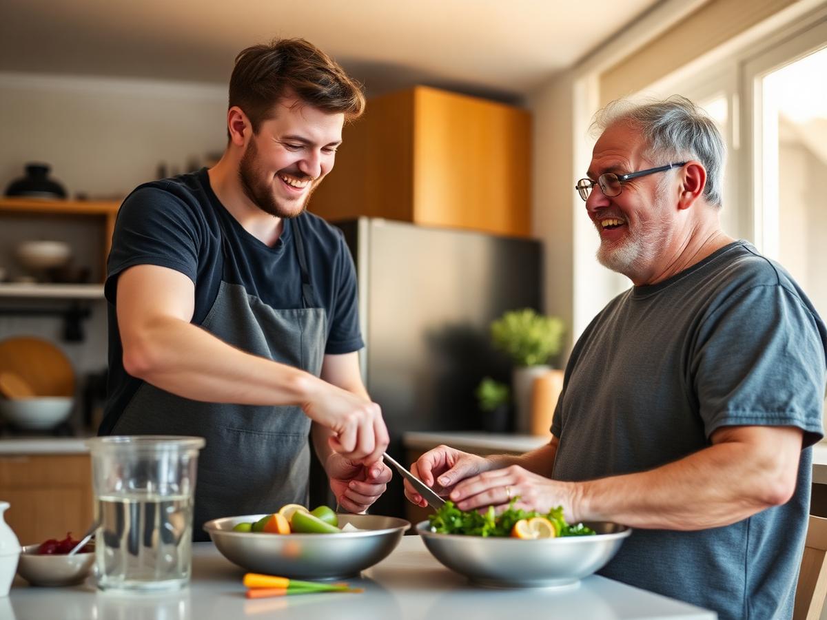 A support worker and a participant preparing a meal together in a bright kitchen