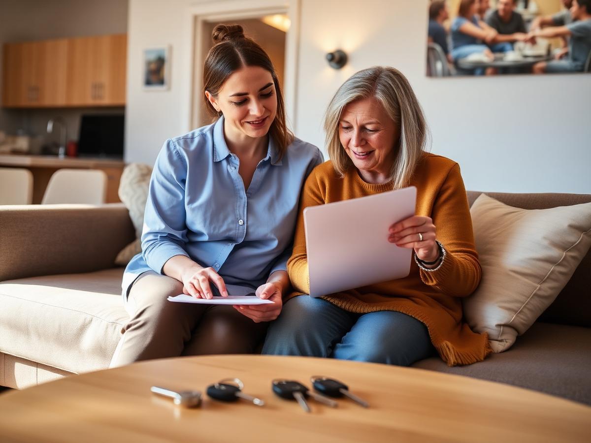 A support worker and a woman going through housing paperwork at home