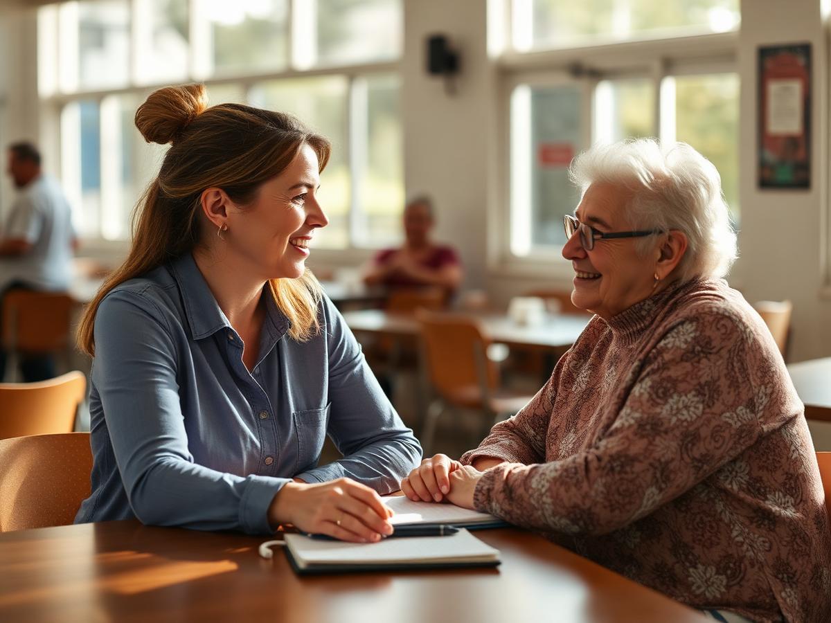 A social worker talking warmly with an older woman at a community centre table
